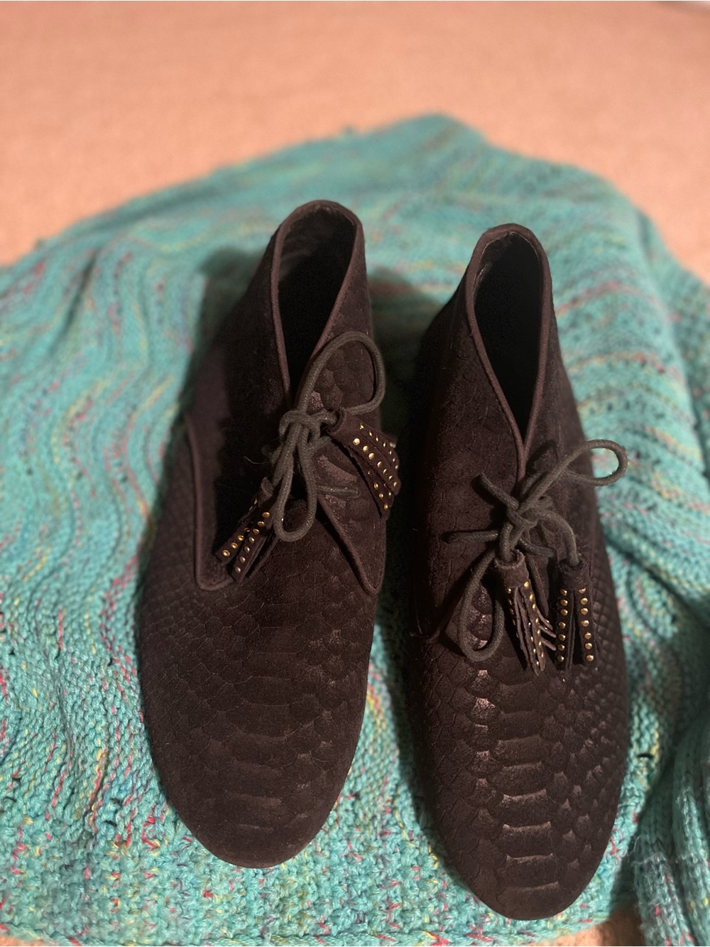 Yosi Samra Black Textured Suede Lace-Up Ankle Booties with Tassels